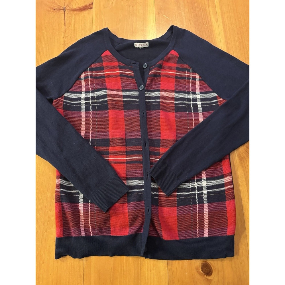 Merona Women's Plaid Cardigan Sweater Navy Red Tartan Long Sleeve Button Front